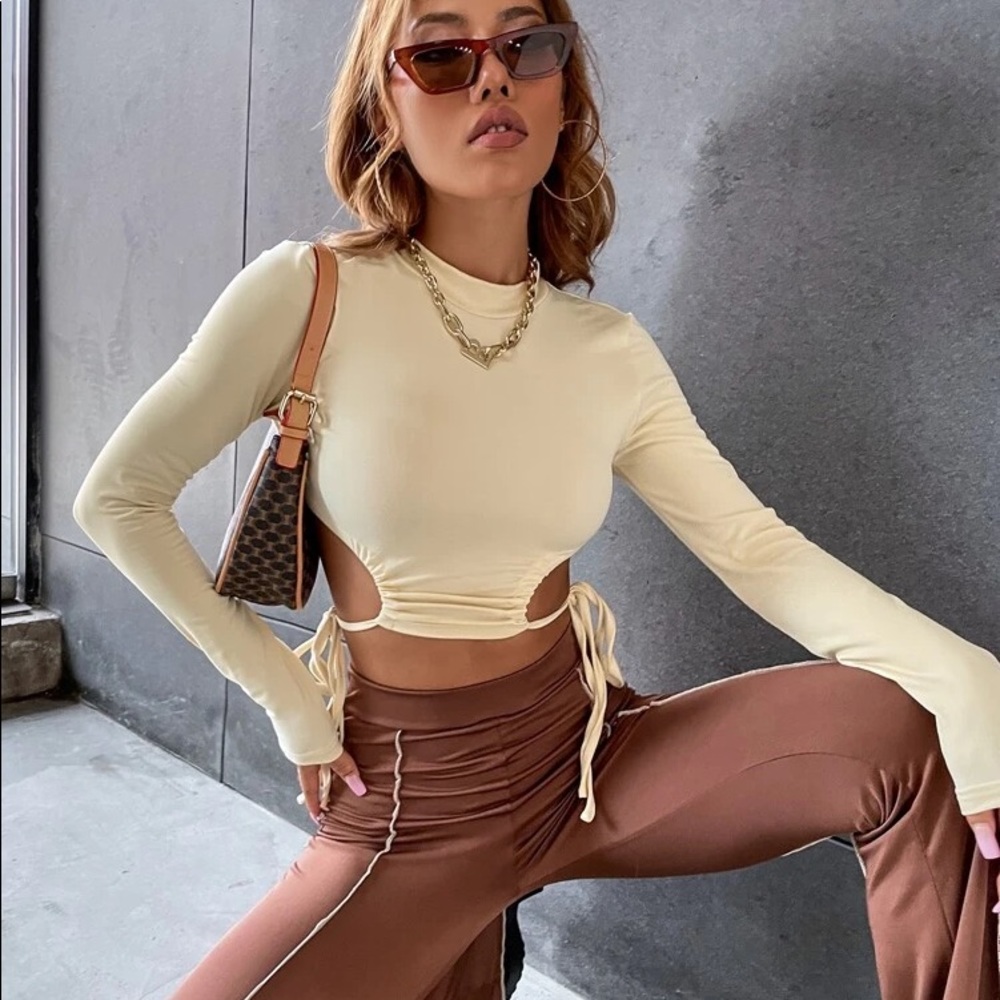 Mock Neck Cutout Drawstring Top